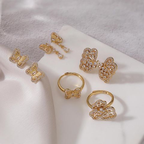 Copper 18K Gold Plated IG Style Sweet Simple Style Hollow Out Inlay Flower Butterfly Bow Knot Zircon Rings Earrings Necklace