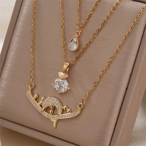 Copper K Gold Plated Elegant Shiny Inlay Water Droplets Dolphin Zircon Necklace