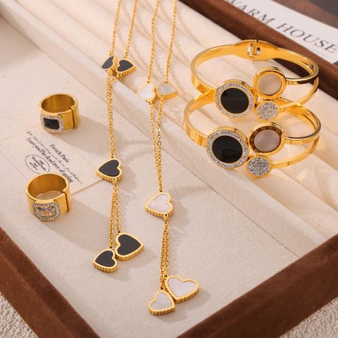 304 Stainless Steel 18K Gold Plated Elegant French Style Simple Style Plating Inlay Quadrilateral Round Heart Shape Rhinestones Shell Zircon Rings Bangle Necklace
