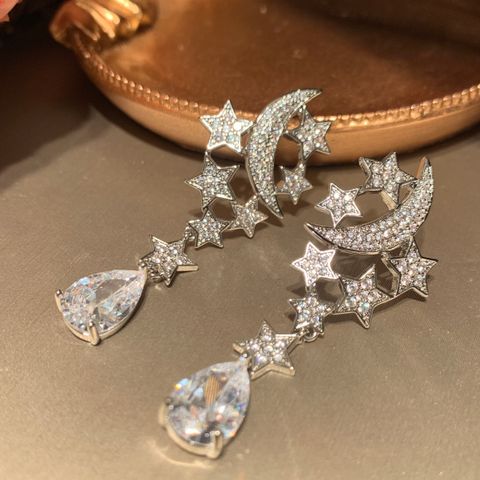 1 Pair Wedding Shiny Star Moon Water Droplets Inlay Metal Copper Zircon 14K Gold Plated K Gold Plated Drop Earrings