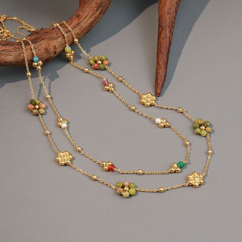 Wholesale Simple Style Round Flower Natural Stone Freshwater Pearl Copper Beaded Necklace
