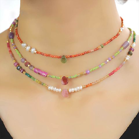 Casual Ethnic Style Round Water Droplets Freshwater Pearl Tourmaline Copper Necklace In Bulk