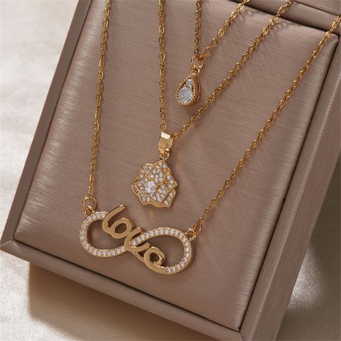 Copper K Gold Plated Elegant Glam Luxurious Inlay Infinity Water Droplets Flower Zircon Necklace