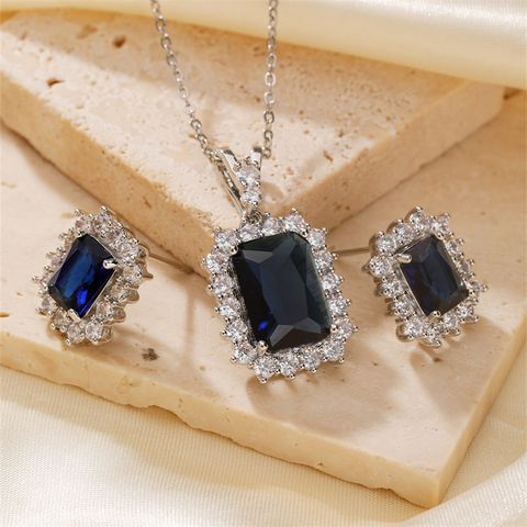 Copper Rhodium Plated Simple Style Shiny Inlay Rectangle Zircon Jewelry Set