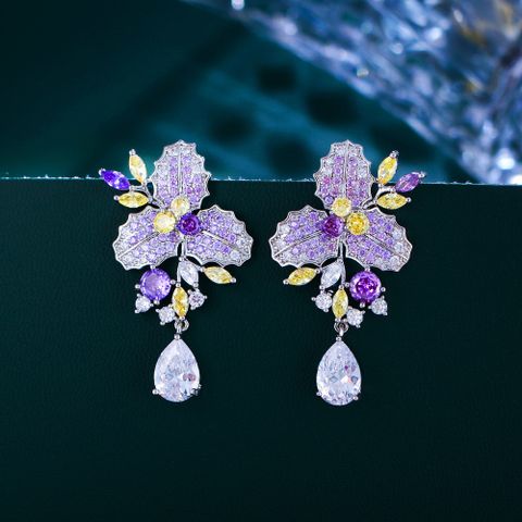 1 Pair Elegant Vacation Flower Inlay Copper Zircon Drop Earrings