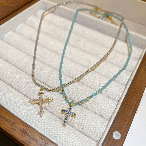 Casual Simple Style Cross Beaded Copper Crystal Zircon Women's Pendant Necklace