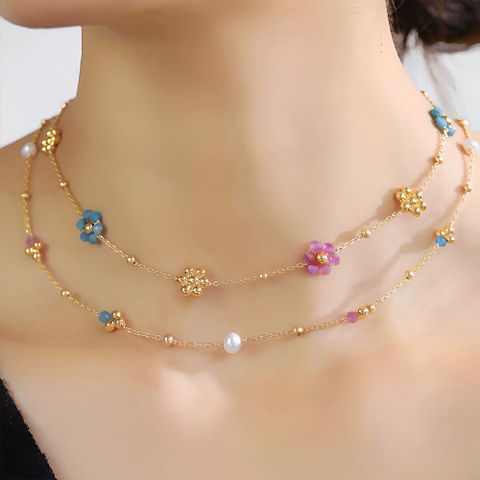 Wholesale Cute Sweet Pastoral Round Flower Natural Stone Copper Necklace