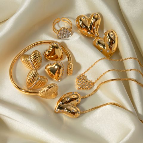 1 Pair IG Style Heart Shape Inlay 304 Stainless Steel Rhinestones 18K Gold Plated Ear Studs