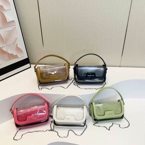 Women's Medium Pu Leather Solid Color Basic Classic Style Transparent Chain Magnetic Buckle Crossbody Bag