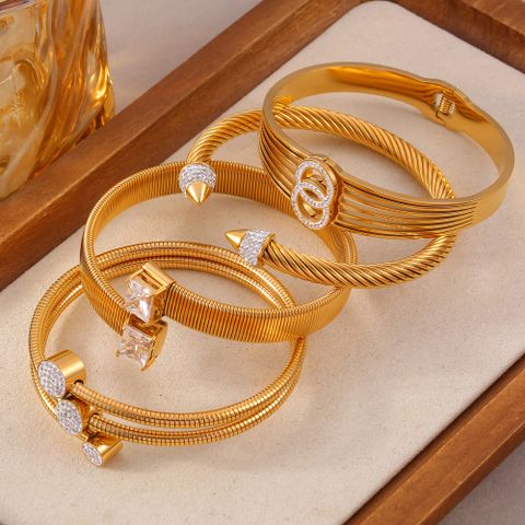 Casual Simple Style Quadrilateral Round 304 Stainless Steel 18K Gold Plated Rhinestones Zircon Bangle In Bulk