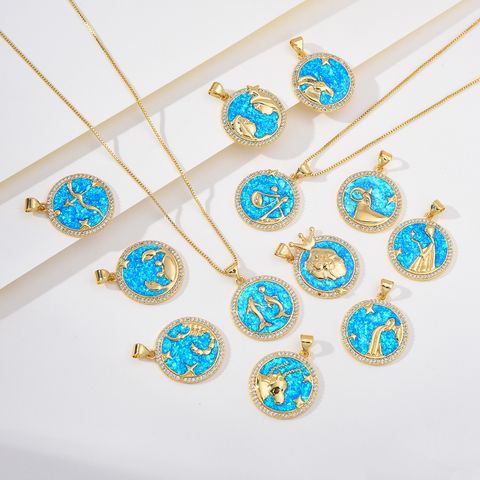 Wholesale Basic Simple Style Classic Style Constellation Copper Enamel 18K Gold Plated Zircon Pendant Necklace
