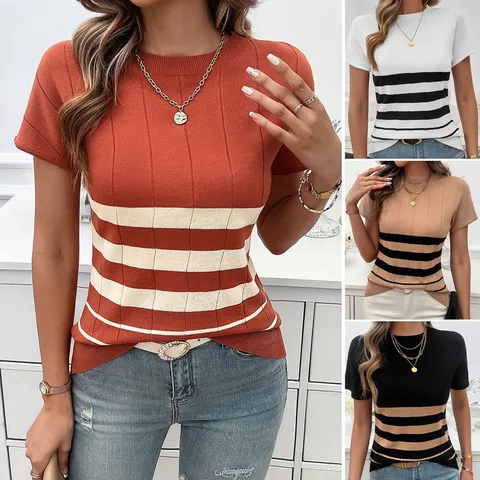 Women's T-shirt Sweater Short Sleeve Sweaters & Cardigans Contrast Binding Streetwear Stripe