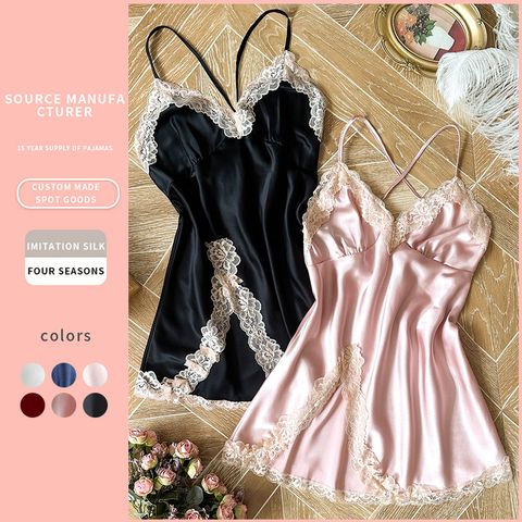 Home Elegant Sexy Color Block Lace Imitated Silk Polyester Pajama Sets