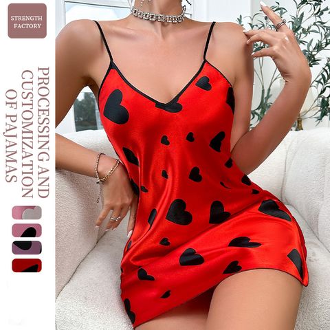 Home Sexy Simple Style Color Block Heart Shape Imitated Silk Polyester Pajama Sets