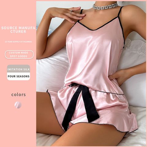 Home Women's Casual Sexy Color Block Bow Knot Imitated Silk Polyester Shorts Sets Pajama Sets