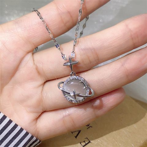 Fashion Cross Moon Titanium Steel Inlay Opal Pendant Necklace