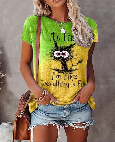 Women's T-shirt Short Sleeve T-shirts Printing Casual Letter Cat