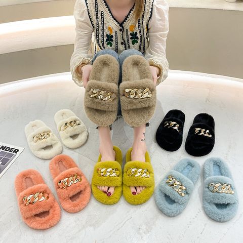 Women's Fashion Solid Color Round Toe Plush Slippers