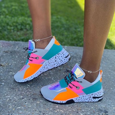 Women's Casual Sports Color Block Leopard Round Toe Sneakers