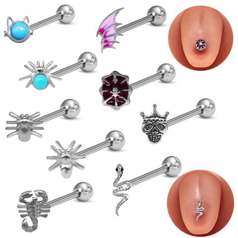 1 Piece Tongue Rings Funny Rock Punk Tortoise Animal Wings 316 Stainless Steel  Copper Inlay Acrylic Rhinestones Beads White Gold Plated Tongue Rings