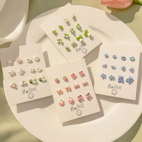 6 Pairs Cute Sweet Bear Flower Bow Knot Enamel Plating Inlay Alloy Rhinestones Silver Plated Ear Studs