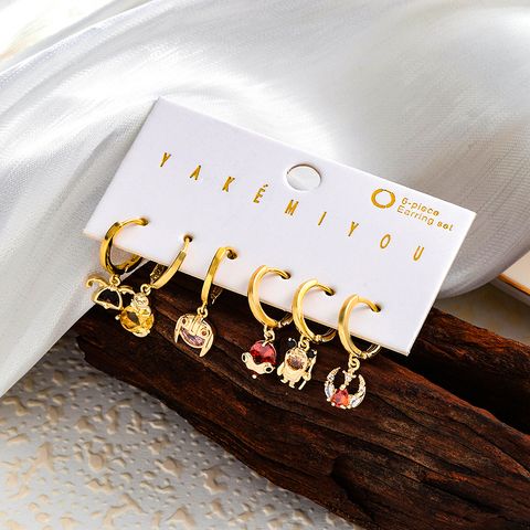 Sweet Cartoon Heart Shape Copper 14k Gold Plated Zircon Earrings In Bulk