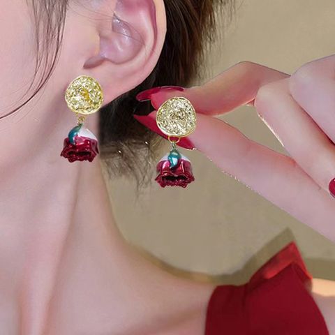 1 Pair Elegant Luxurious Heart Shape Rose Plating Inlay Alloy Zircon 14k Gold Plated Drop Earrings