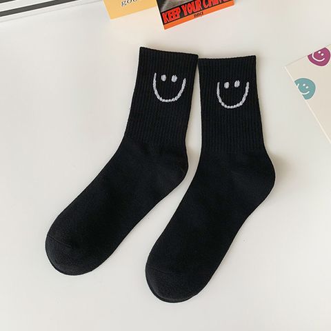 Fashion Smiley Face Socks Black And White Medium Tube College Style Cotton Socks
