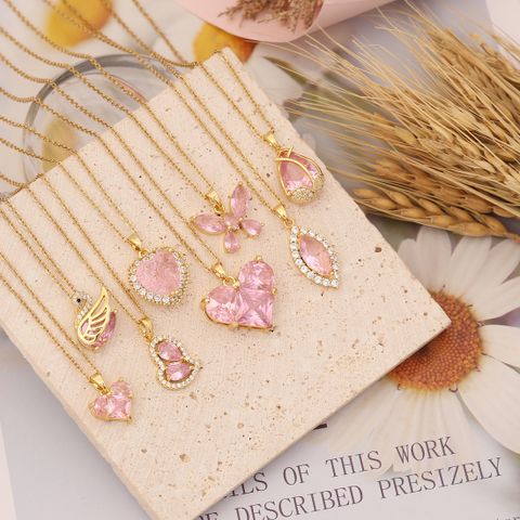 Stainless Steel 18K Gold Plated Casual Plating Heart Shape Butterfly Zircon Pendant Necklace