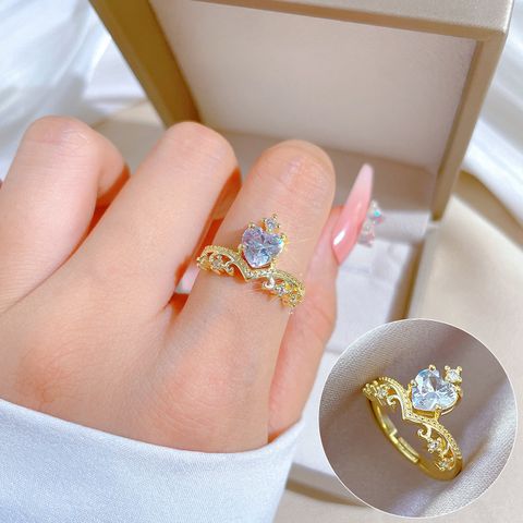 Classic Style Crown Brass Gold Plated Artificial Gemstones Open Rings In Bulk