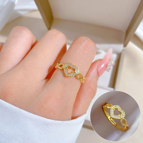 Simple Style Classic Style Heart Shape Brass Gold Plated Artificial Gemstones Rings In Bulk