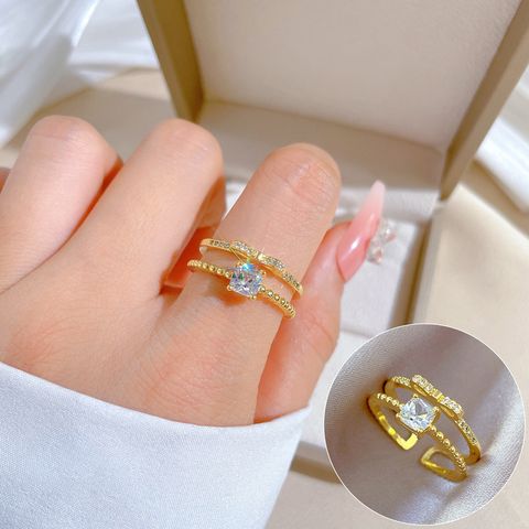 Simple Style Classic Style Color Block Square Brass Gold Plated Artificial Gemstones Open Rings In Bulk