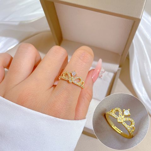 Elegant Lady Crown Brass Gold Plated Artificial Gemstones Open Rings In Bulk