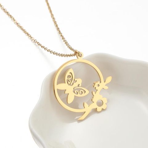 201 Stainless Steel 18K Gold Plated Simple Style Plating Hollow Out Printing Butterfly Pendant Necklace