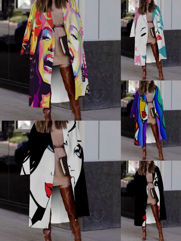 Mujeres Moda Bloque De Color Impresión Abertura Abrigo Abrigo De Lana