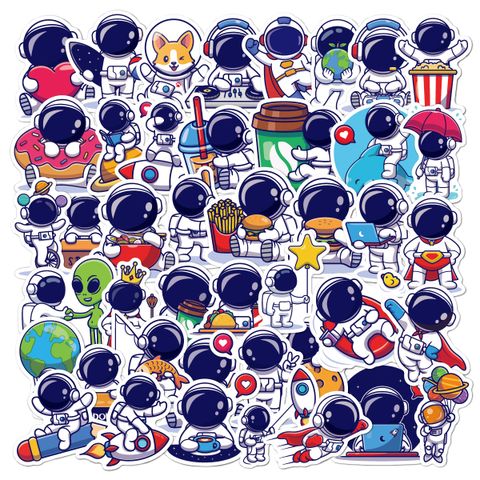 50 Pieces Astronaut Space Station Cartoon Stickers Moon Rocket Universe Trolley Case Computer Graffiti Spaceman Stickers