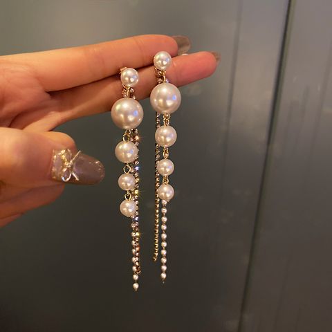1 Pair Fashion Round Alloy Pearl Chain Inlay Rhinestones Women's Drop Earrings