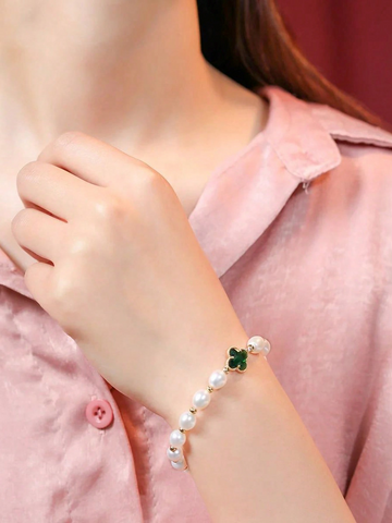 Sweet Four Leaf Clover Alloy Freshwater Pearl Beaded Inlay Artificial Diamond Bracelets