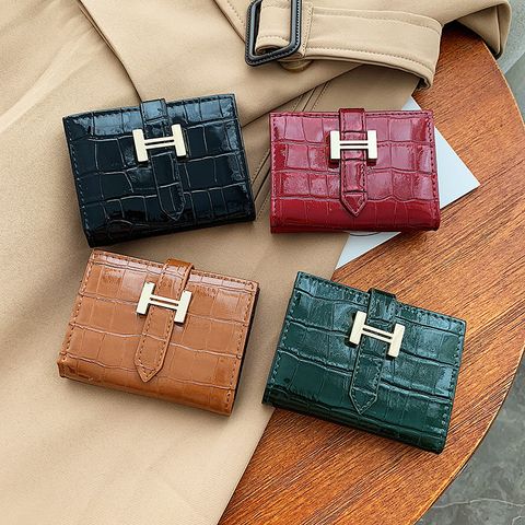 Women's Plaid Solid Color Patent Leather Drawstring Buckle Wallets