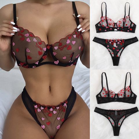 Women's Sexy Letter Heart Shape Sexy Lingerie Sets Party Embroidery See-through Sheer Bra Low Waist Thong Sexy Lingerie