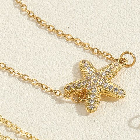 Simple Style Streetwear Moon Starfish Stainless Steel Copper 14k Gold Plated Zircon Pendant Necklace In Bulk