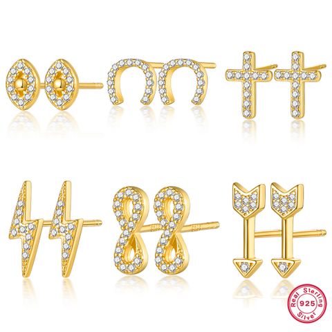 1 Pair Ig Style Streetwear Cross Infinity Lightning Plating Inlay Sterling Silver Zircon 18k Gold Plated Ear Studs