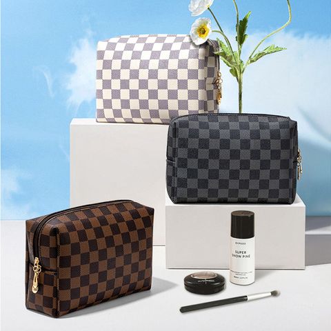 Women's Pu Leather Plaid Vintage Style Square Zipper Cosmetic Bag Wash Bag