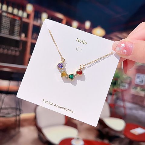 304 Stainless Steel 18K Gold Plated Sweet Simple Style Plating Inlay Four Leaf Clover Heart Shape Zircon Necklace