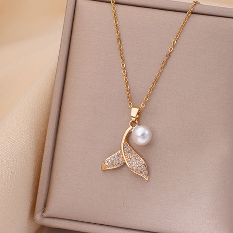 Casual Simple Style Rabbit Heart Shape Fish Tail Titanium Steel Plating Inlay Opal Pearl Zircon Pendant Necklace