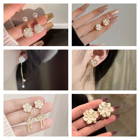 1 Pair Fairy Style Tassel Flower Bow Knot Inlay Imitation Pearl Alloy Rhinestones Earrings