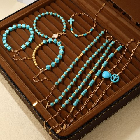 Cute Vintage Style Sweet Cross Heart Shape 304 Stainless Steel Turquoise Copper K Gold Plated Bracelets In Bulk