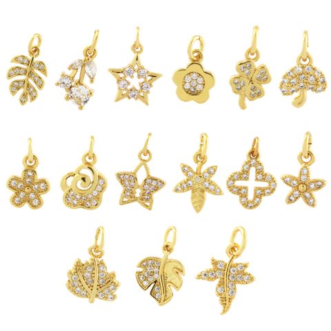 Simple Style Shiny Leaves Rose Flower Copper Plating Inlay Zircon 18k Gold Plated Charms