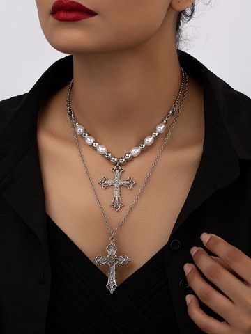 Gothic Vintage Style Punk Cross Artificial Pearl Alloy White Gold Plated Women's Layered Necklaces
