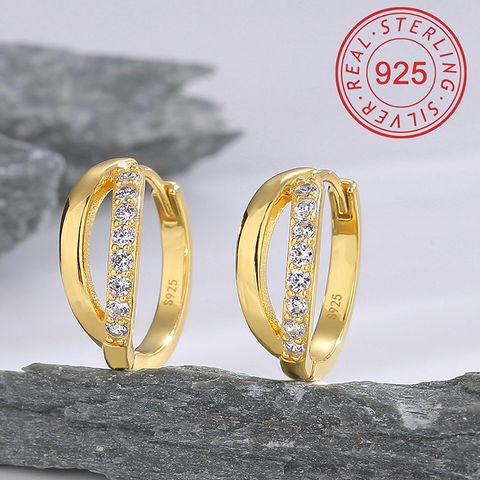 1 Pair Ig Style Vintage Style Solid Color Plating Hollow Out Inlay Sterling Silver Rhinestones Zircon 18k Gold Plated Hoop Earrings